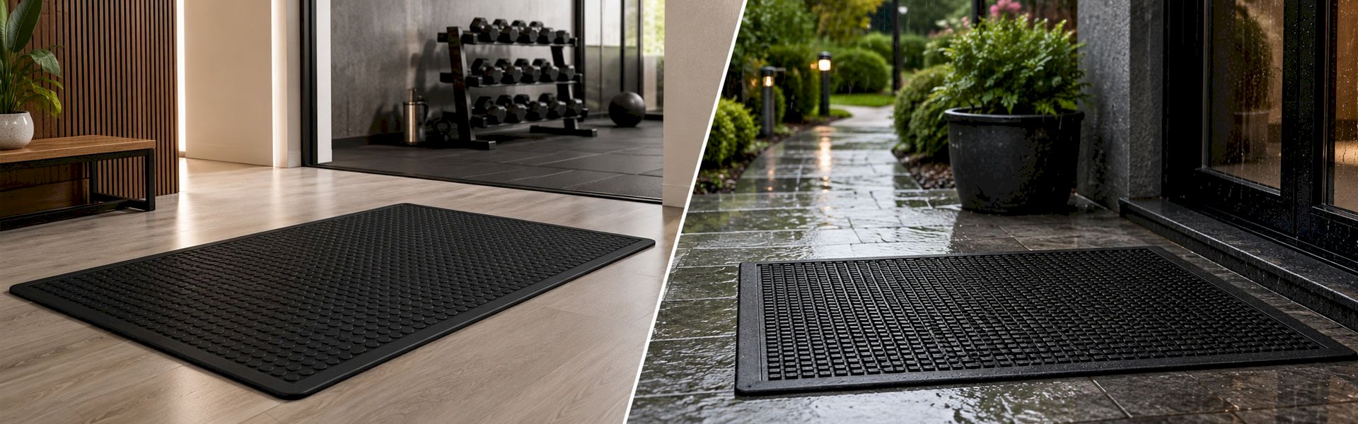 Black rubber doormats placed at indoor and outdoor entryways.